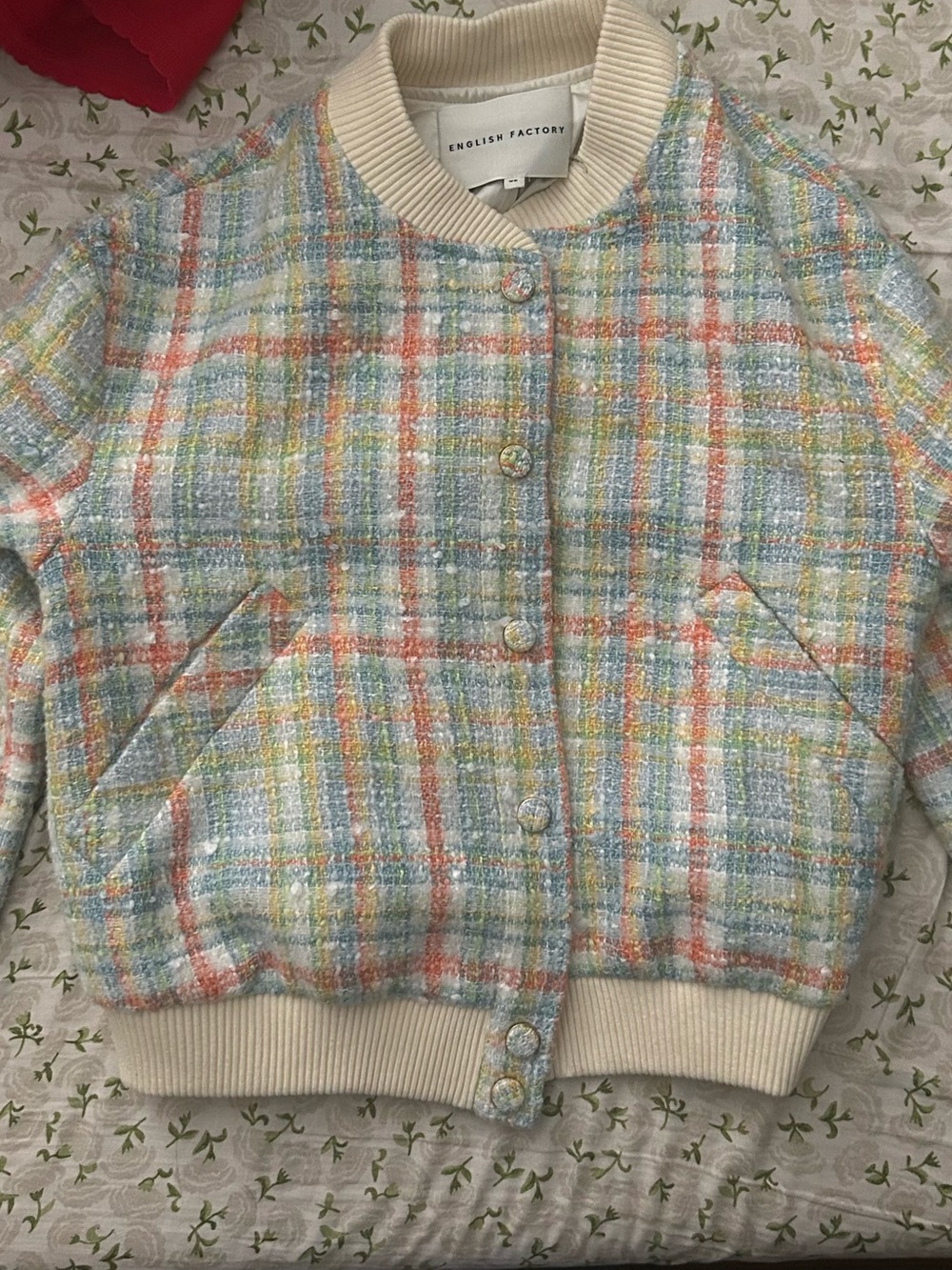 English Factory Cream-Collar Pastel Plaid Tweed Bomber